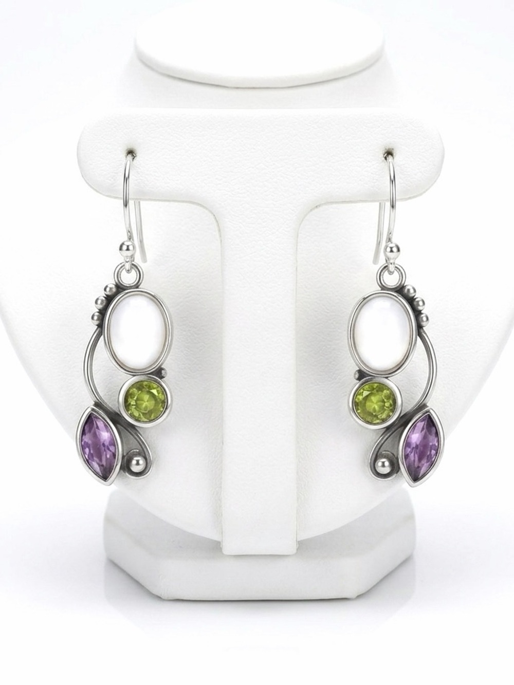 New Handmade Floral Boho Moonstone Peridot Amethyst Sterling Silver Earrings
